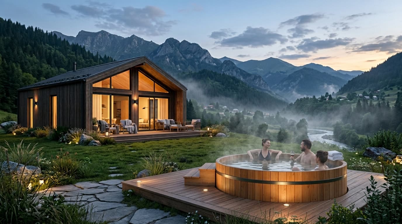 Conceptual visualization — wellness cottage with a steaming thermal hot-tub in the Borjomi valley